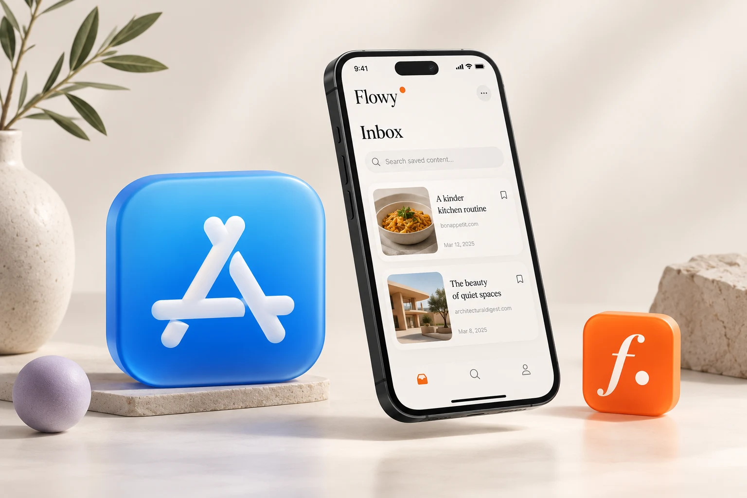Illustrative iPhone mockup of Flowy beside the App Store icon and an orange Flowy icon.