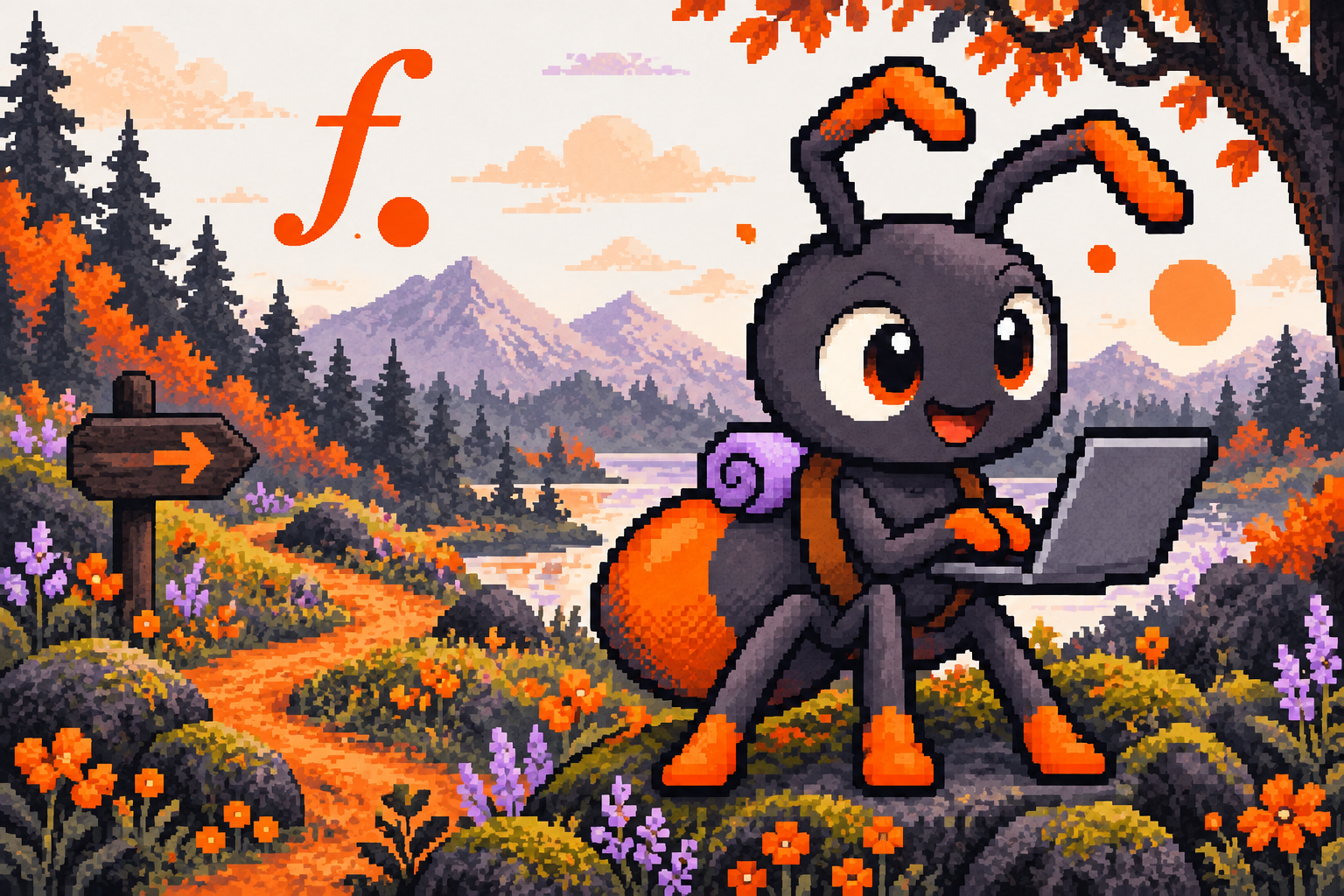 Byte, Flowy’s pixel-art ant, with a laptop in an orange and lavender woodland beneath the Flowy mark