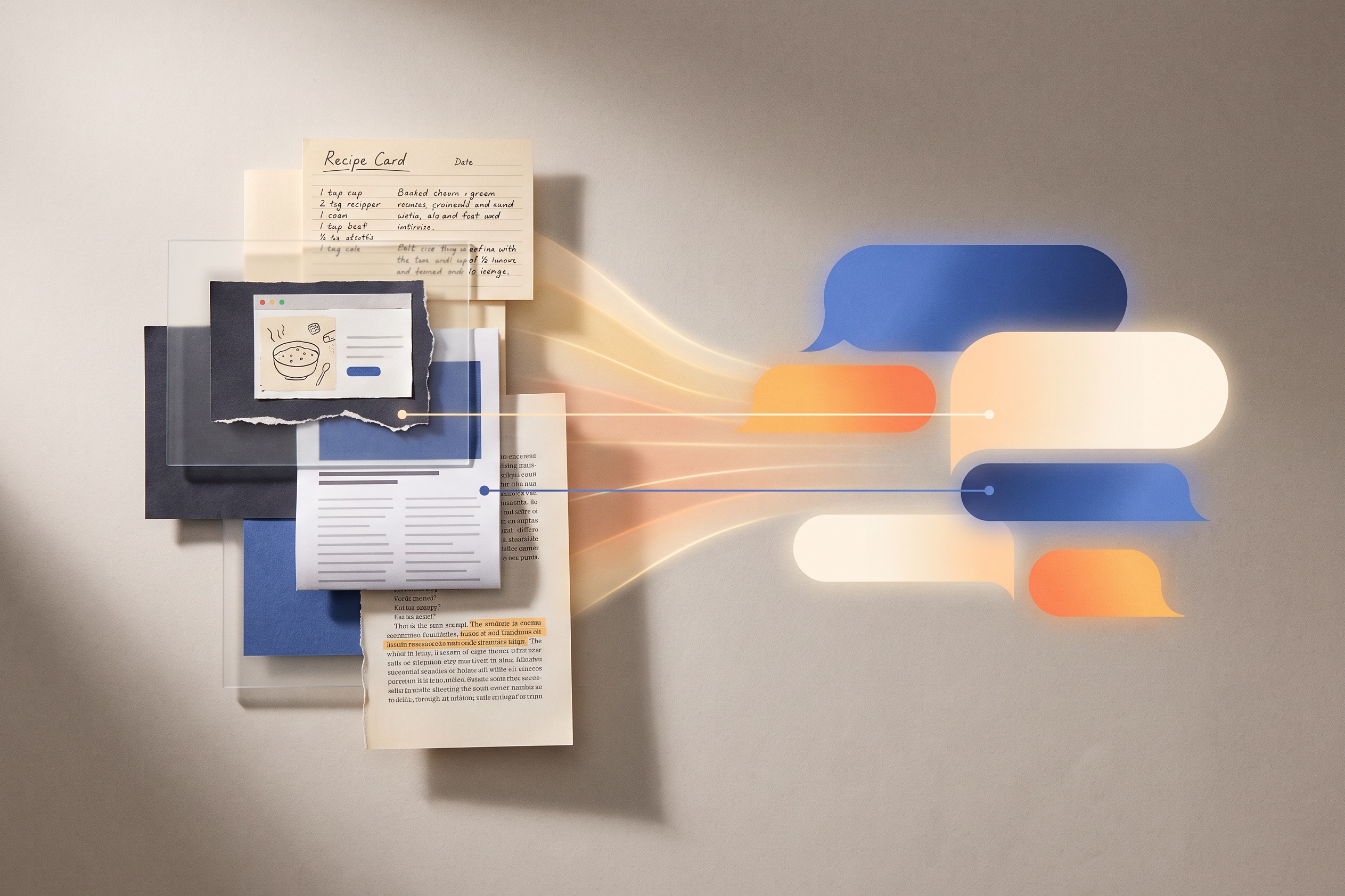 Saved pages and notes connected by lines to a set of conversational assistant shapes