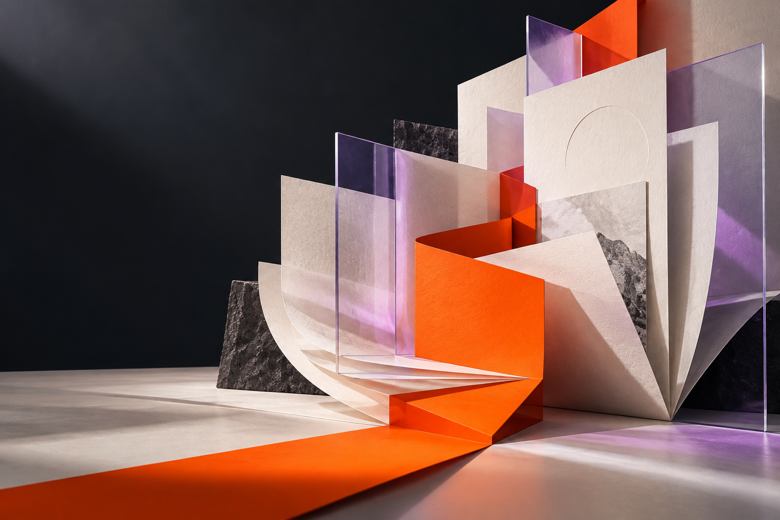 Orange paper ribbon winding through layered paper and lavender glass